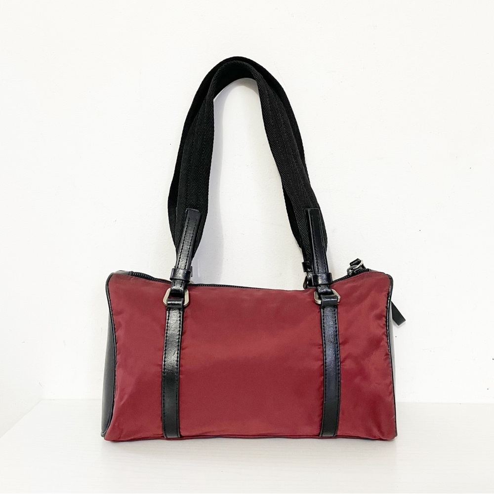 Prada 90s burgundy red nylon black leather shoulder Boston bag - Picture 3 of 10